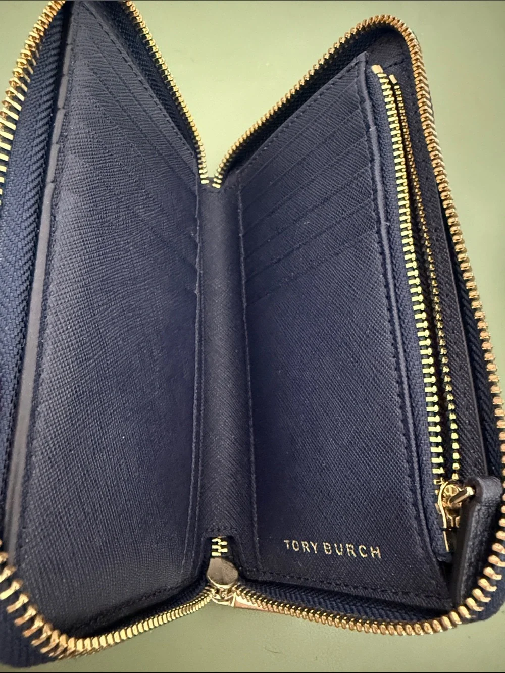 Tory Burch Navy Saffiano Zip-Around Wallet with Gold Logo